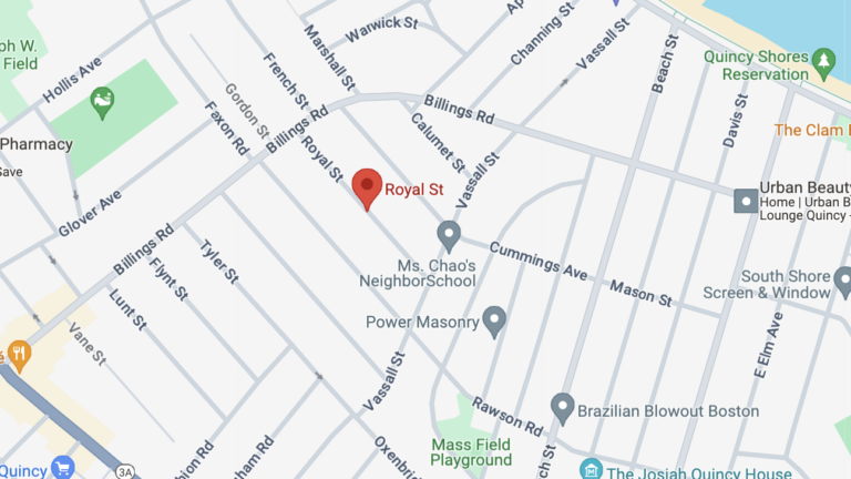 A screen grab of Google Maps showing a portion of Quincy, Massachusetts. There is a red pin on Royal Street, where police say a man allegedly burned a caged raccoon on Saturday.